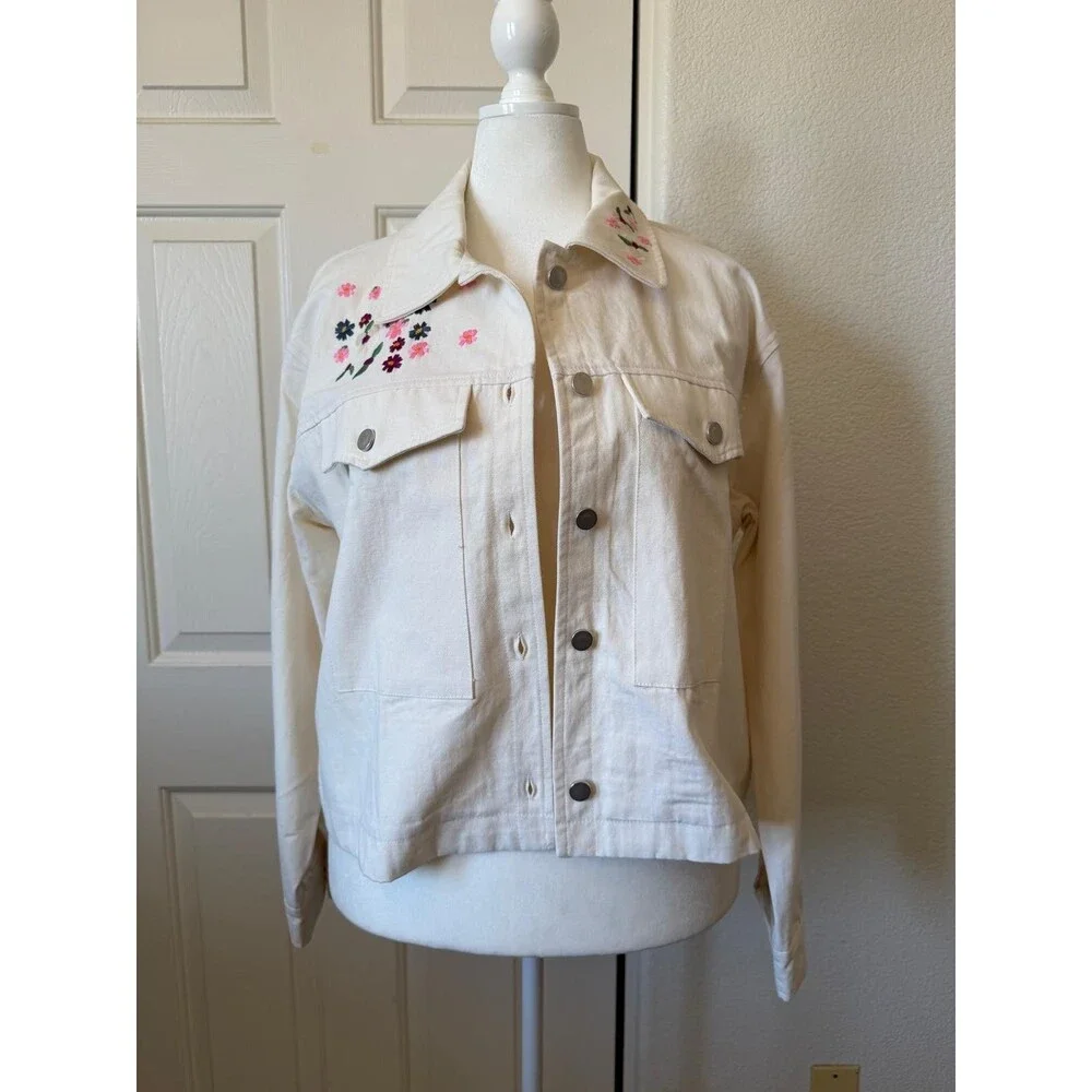 Dolan Jacket Women's XL Cream Embroidered Floral Denim Button Front Boho Rodeo